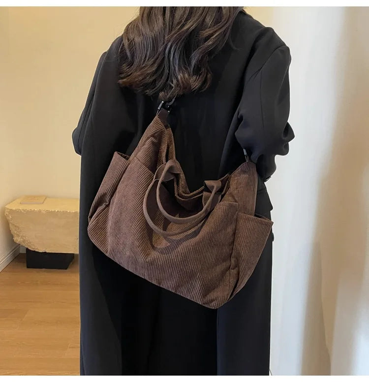 Multi-Pocket Corduroy Tote Bag – Large Capacity Casual Satchel for Travel, Work & Commute