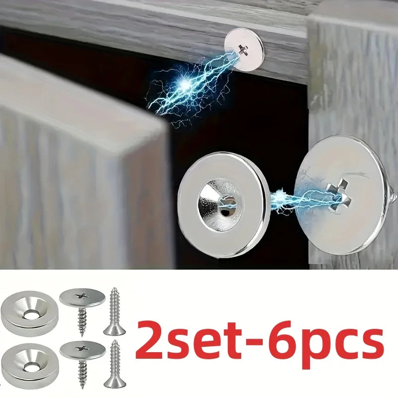 A set of six magnetic cabinet door catches and corresponding screws with visible electrical sparks.