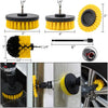 A set of yellow and black rotary cleaning brushes with extension shafts for use with a drill.
