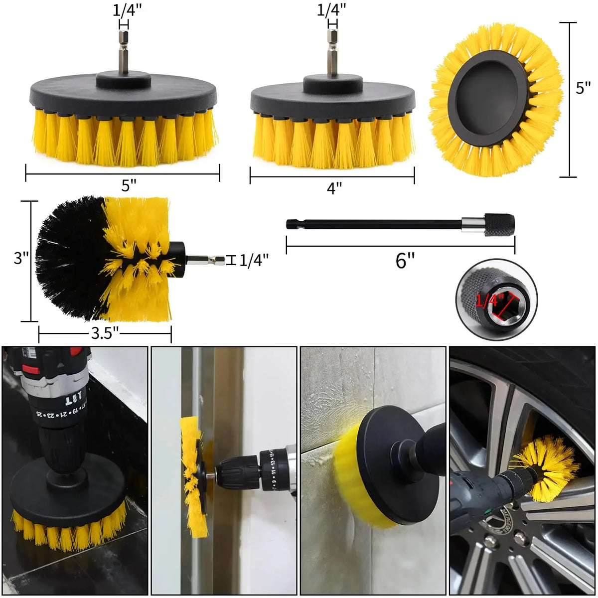 A set of yellow and black rotary cleaning brushes with extension shafts for use with a drill.