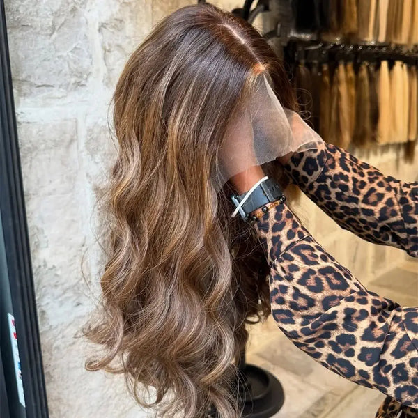 Glueless Body Wave Lace Front Wig with Brown Highlights