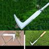 A close-up view of an L-shaped stainless steel weeding tool used for garden gaps, shown against a green background.