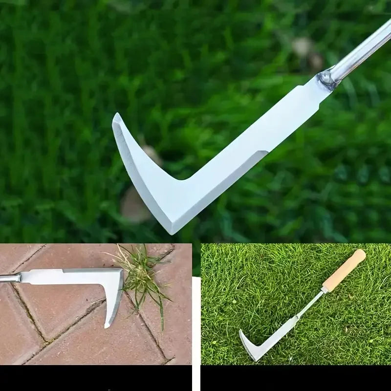 A close-up view of an L-shaped stainless steel weeding tool used for garden gaps, shown against a green background.