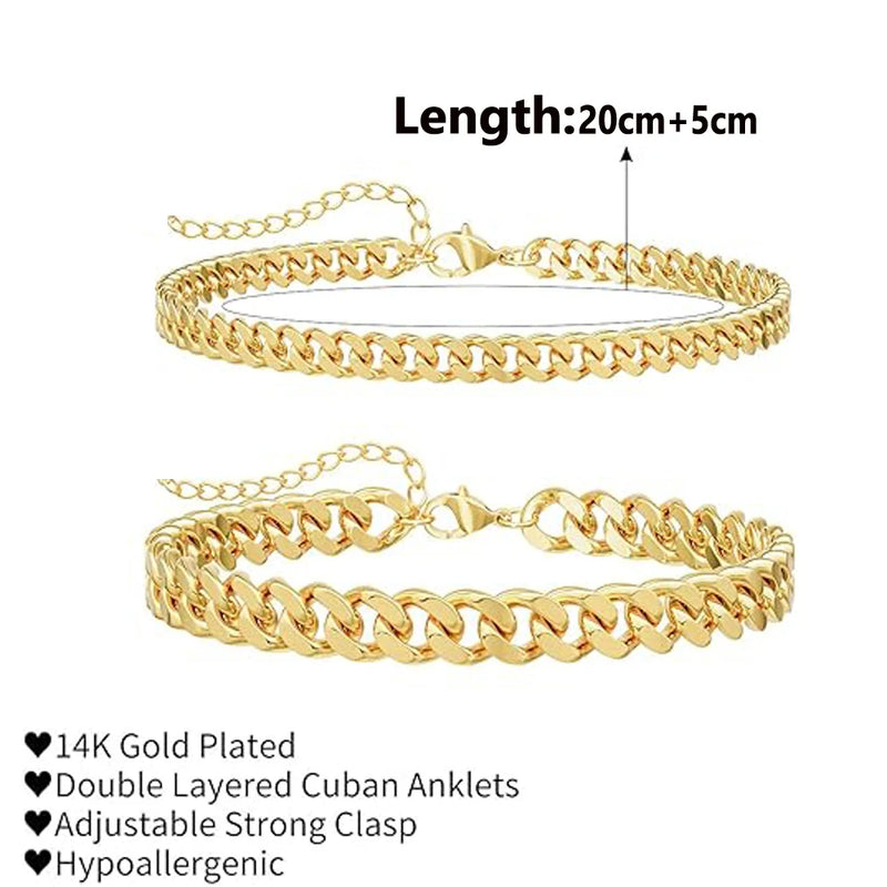 14K Gold-Plated Cuban Chain Anklet Set