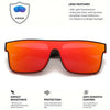 Orange-tinted sports sunglasses with a silver shield logo and features for light transmission and visual definition