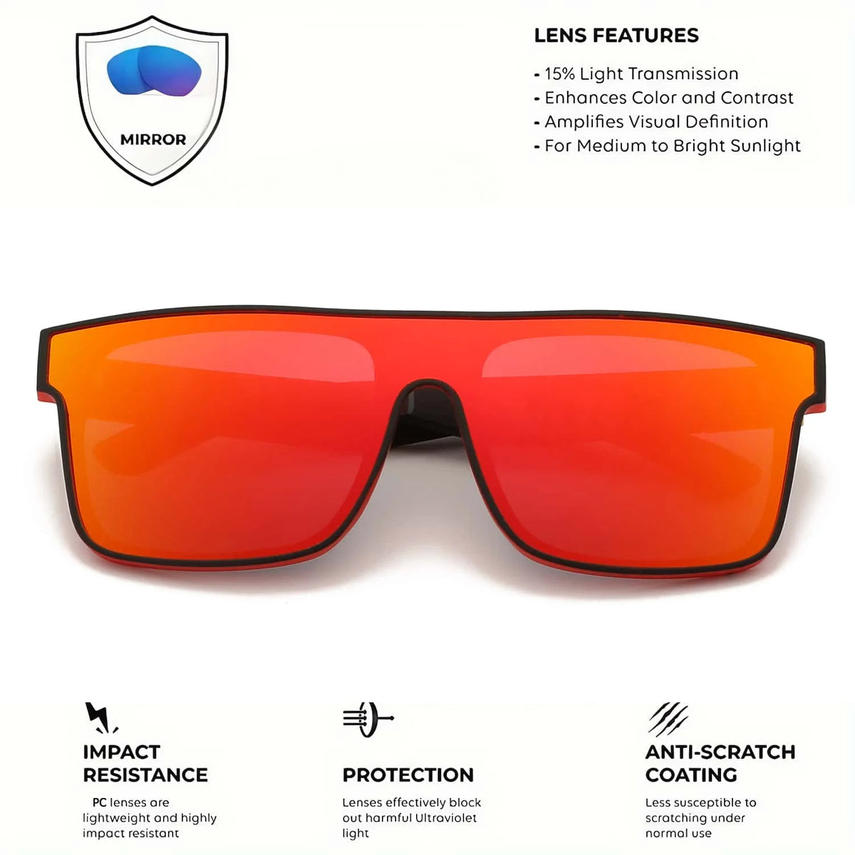 Orange-tinted sports sunglasses with a silver shield logo and features for light transmission and visual definition