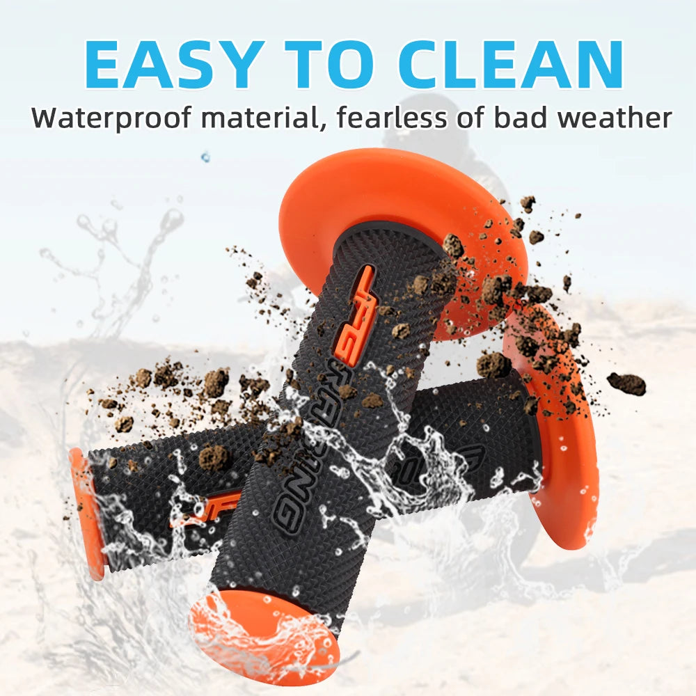 Orange and black aluminum motorcycle handlebar grips with rubber coating shown in action against water spray.
