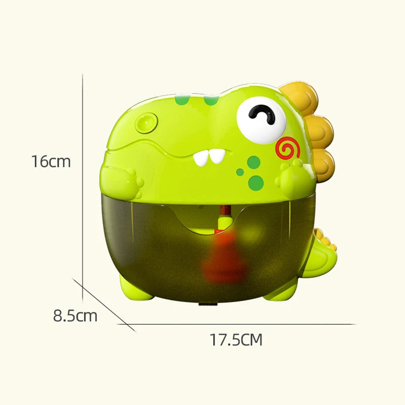 A bright green dinosaur bubble machine with yellow accents, shown from above.