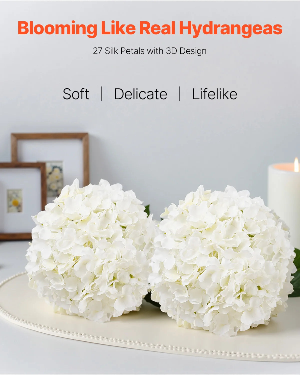 White silk hydrangea flowers with a 3D design displayed on a white platter.