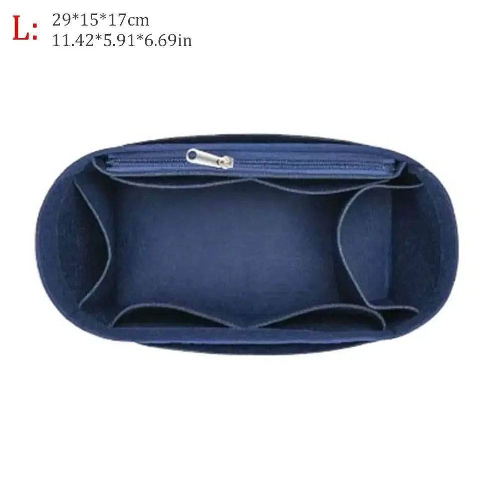 Navy blue felt purse organizer insert with a zippered compartment