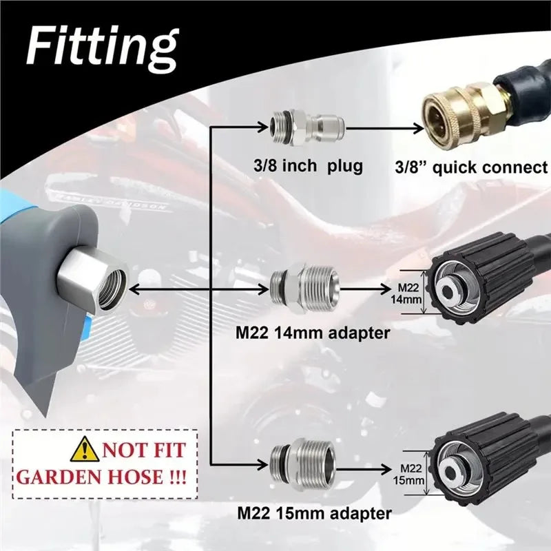 Fitting components for a rotating car wash pressure gun including 3/8 inch plug and M22 adapters