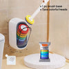 A wall-mounted brush system for toilet cleaning featuring one brush base and seven colorful heads.