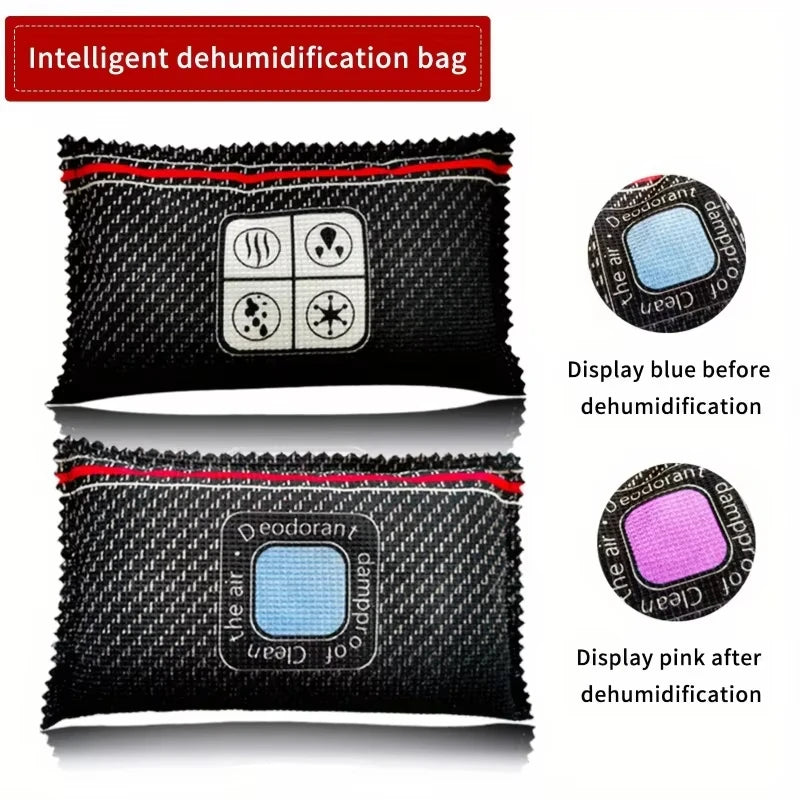 A black dehumidification bag with a window display showing a blue indicator before dehumidification and a pink indicator afte