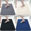 Four views of a plush memory foam bathroom mat in black, beige, and blue colors used for non-slip shower rugs.