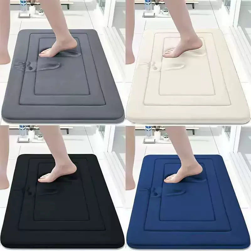 Four views of a plush memory foam bathroom mat in black, beige, and blue colors used for non-slip shower rugs.