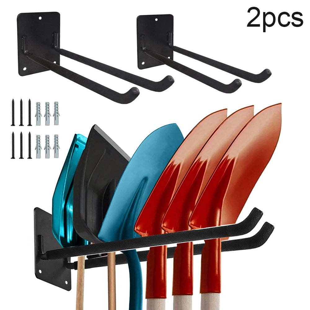 Two black wall-mounted racks and five colorful garden tools are displayed.