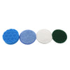 Set of four cleaning brush heads including a blue, purple, white, and green scouring pad set
