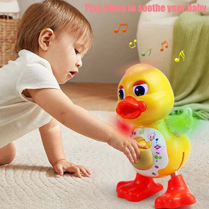A baby is interacting with a yellow, interactive dancing duck toy that emits lights and music.