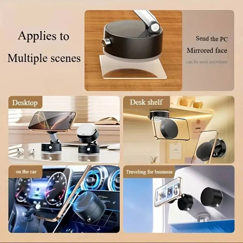 Magnetic foldable car phone mount shown in various contexts including on a desk, shelf, and for business travel.