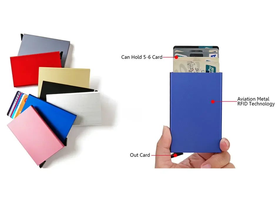 A blue slim metal RFID blocking card holder with a pop-up design is shown next to various colored cards.