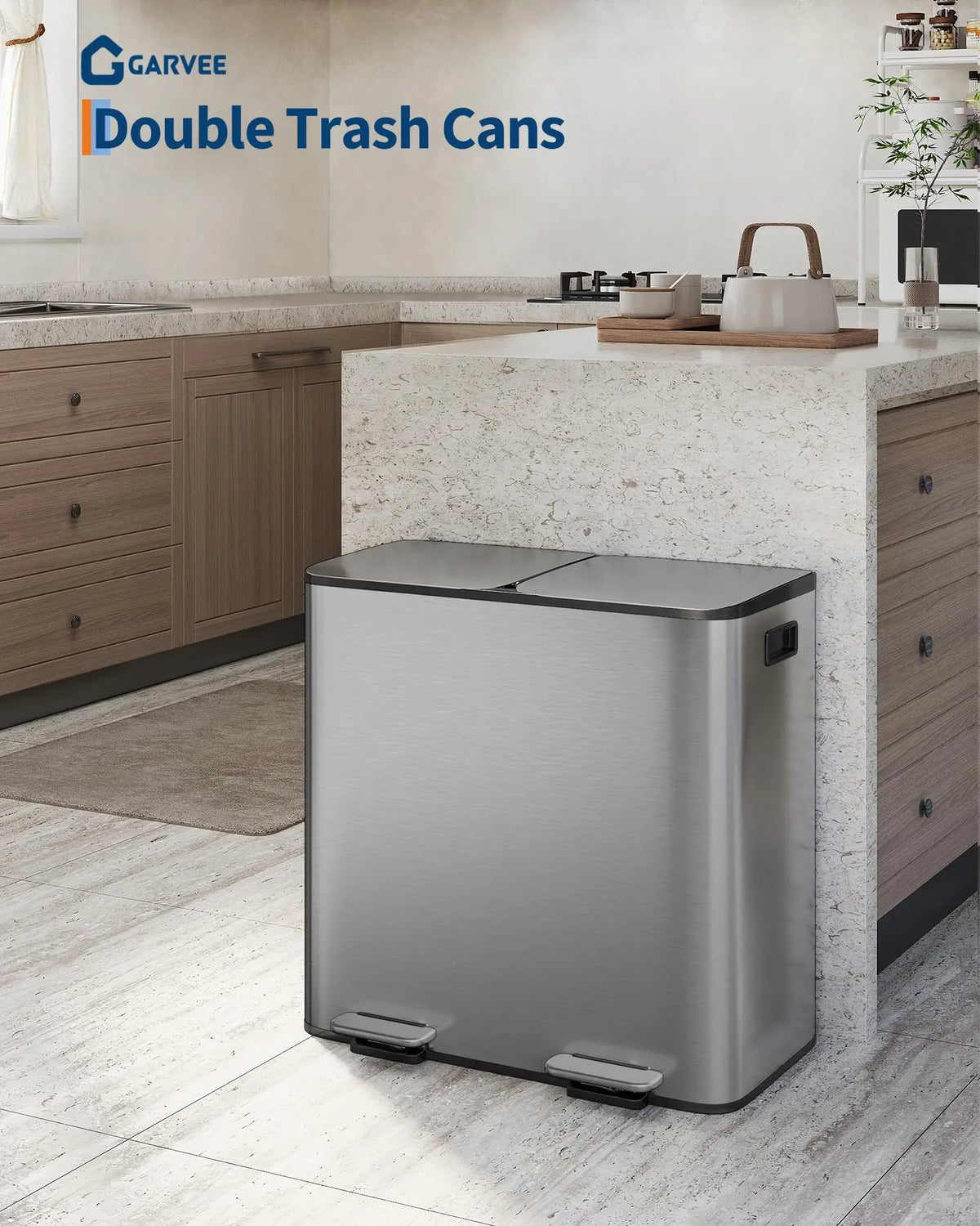 A stainless steel double trash can with a soft-close lid sitting on a kitchen countertop.