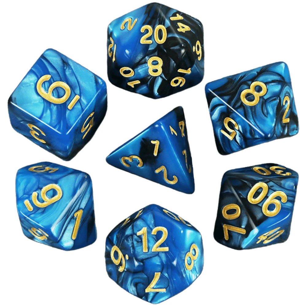 A collection of seven polyhedral dice in various shades of blue and black.