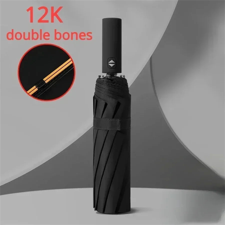 A black heavy duty automatic folding umbrella with 12K double bones shown vertically.