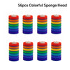 A set of 56 colorful sponge heads arranged in rows for a disposable toilet brush kit.