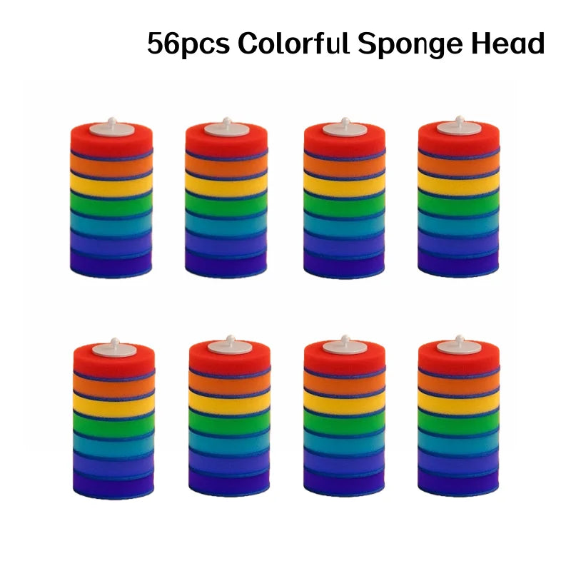 A set of 56 colorful sponge heads arranged in rows for a disposable toilet brush kit.