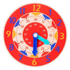 A wooden clock face with red and yellow markings, showing the numbers 1 through 12.