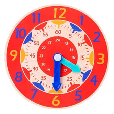 A wooden clock face with red and yellow markings, showing the numbers 1 through 12.