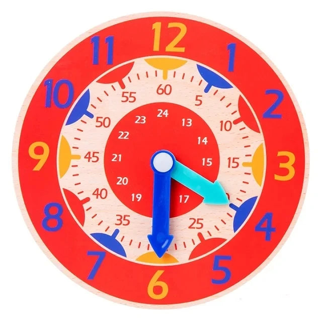 A wooden clock face with red and yellow markings, showing the numbers 1 through 12.