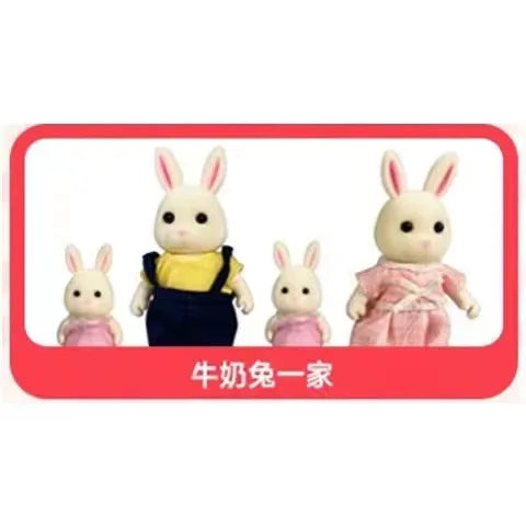 A set of four white rabbit miniature dolls dressed in various outfits.