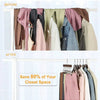 Before and after comparison showing how a wooden clip hanger saves closet space for clothing.