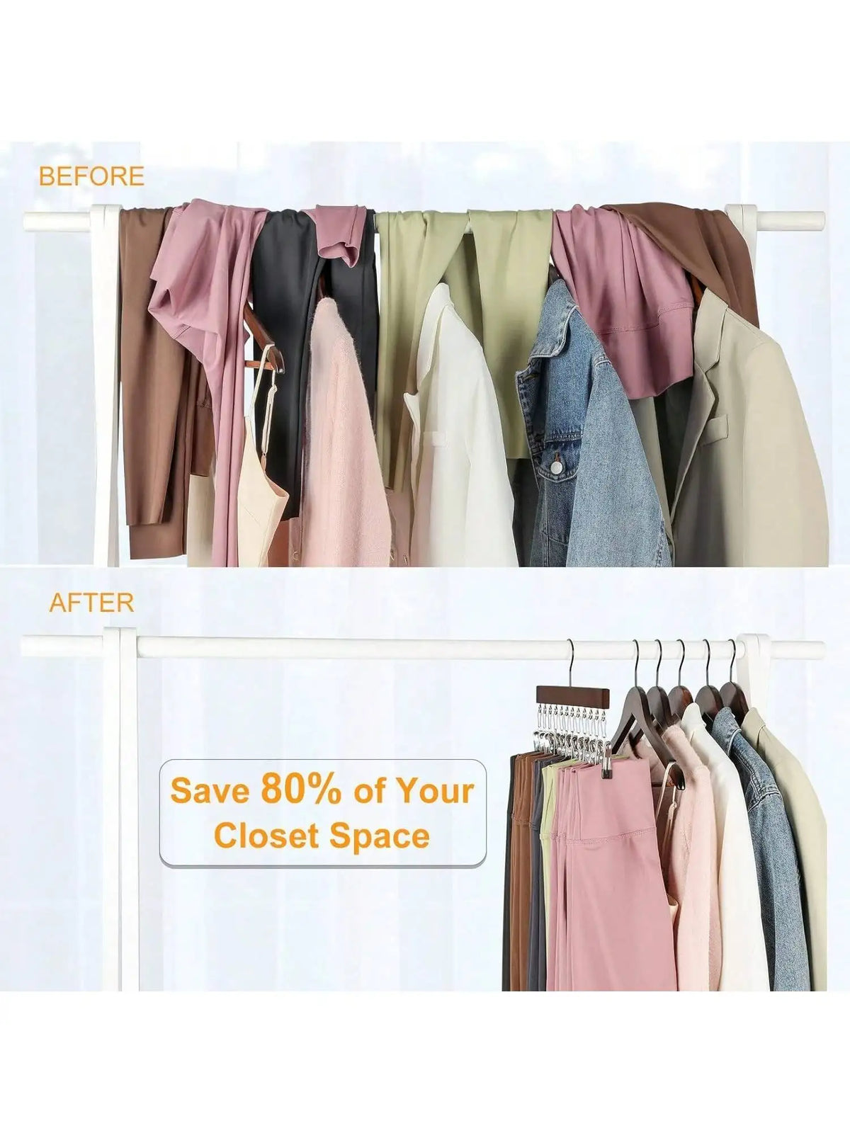 Before and after comparison showing how a wooden clip hanger saves closet space for clothing.