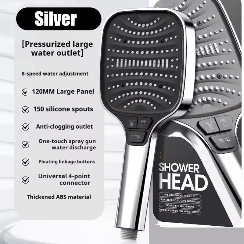 Silver pressurized large water outlet shower head with silicone spouts and floating linkage buttons