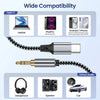 USB-C to 3.5mm Audio Adapter showing compatibility with laptops, iPads, headphones, speakers, and cars.
