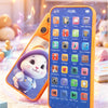 An orange kids smartphone learning toy displaying a digital clock and various educational icons on a soft surface.