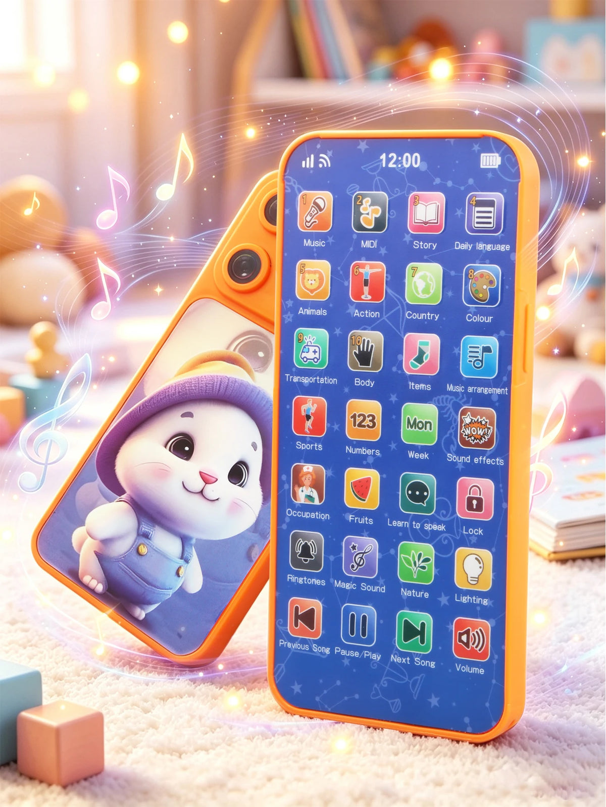 An orange kids smartphone learning toy displaying a digital clock and various educational icons on a soft surface.