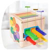 A wooden 5-in-1 Montessori shape and color sorting toy featuring various geometric shapes like rectangle, square, triangle, p