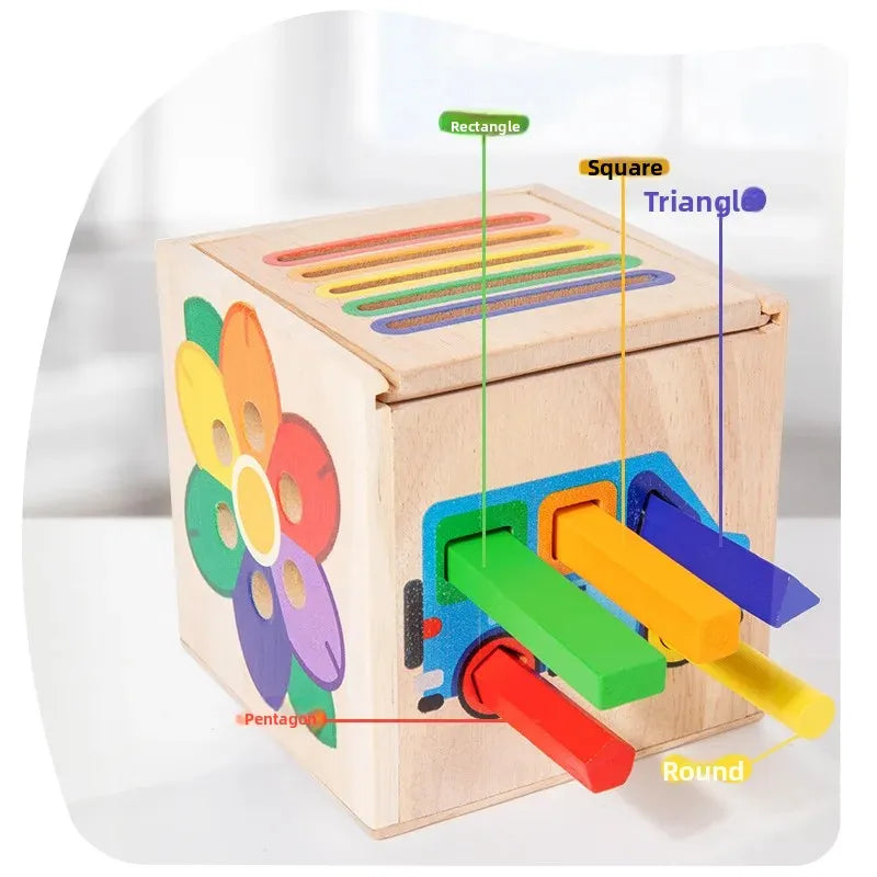 A wooden 5-in-1 Montessori shape and color sorting toy featuring various geometric shapes like rectangle, square, triangle, p