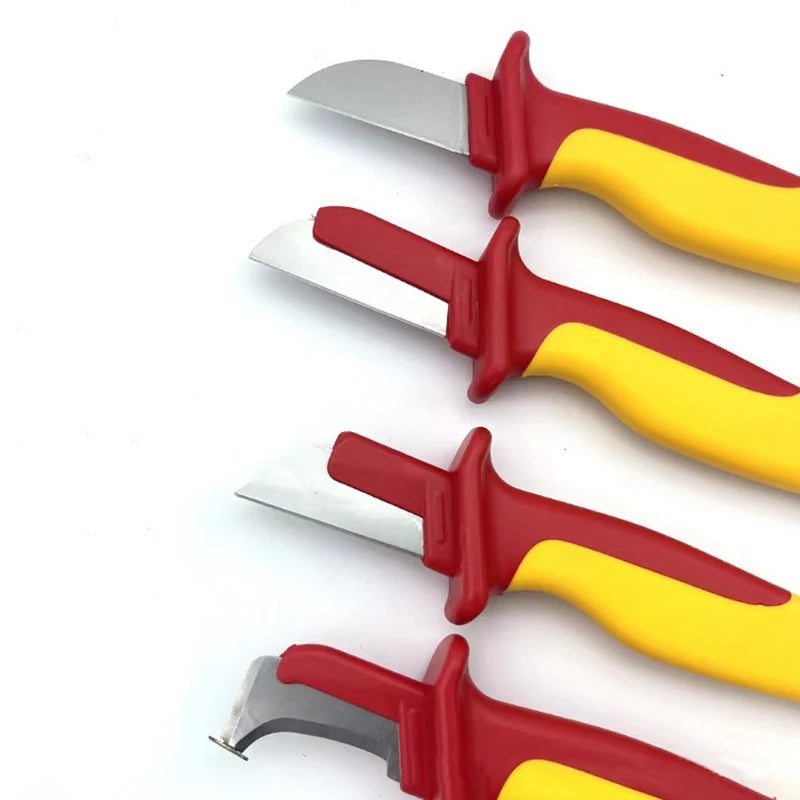 A set of red and yellow insulated cable stripping knives for electricians.