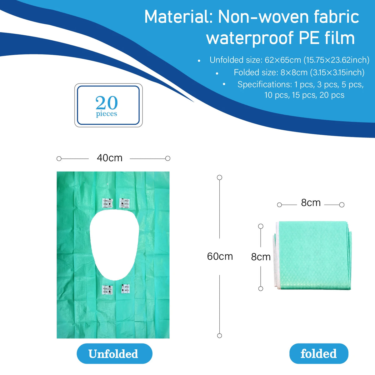 Green non-woven fabric waterproof PE film toilet seat covers shown unfolded and folded.