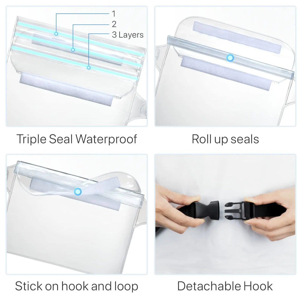 Différentes façons de sceller et d'attacher une pochette imperméable : triple sceau, attaches à rouleau, velcro, et plus.