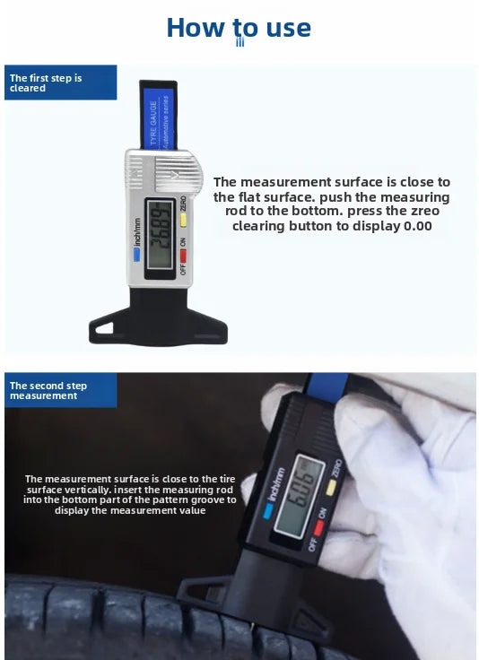 A digital tire tread depth gauge is shown being used to measure the depth of a tire tread.