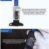 A digital tire tread depth gauge is shown being used to measure the depth of a tire tread.