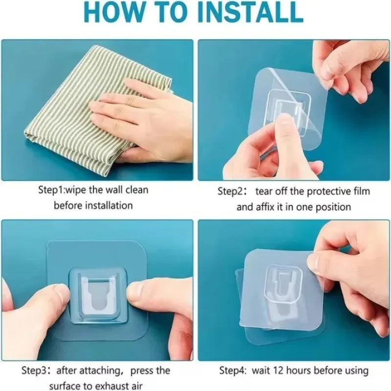 Instructions showing how to install invisible double-sided adhesive wall hooks by wiping the wall, affixing the film, and wai