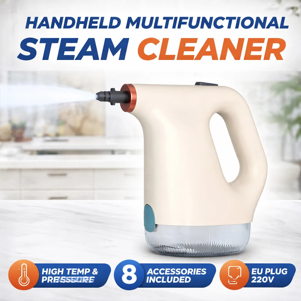 A beige handheld multifunctional steam cleaner with a clear base and a black nozzle is shown on a white surface.