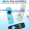 A silicone teething remote for babies is shown floating in water, with various buttons visible.
