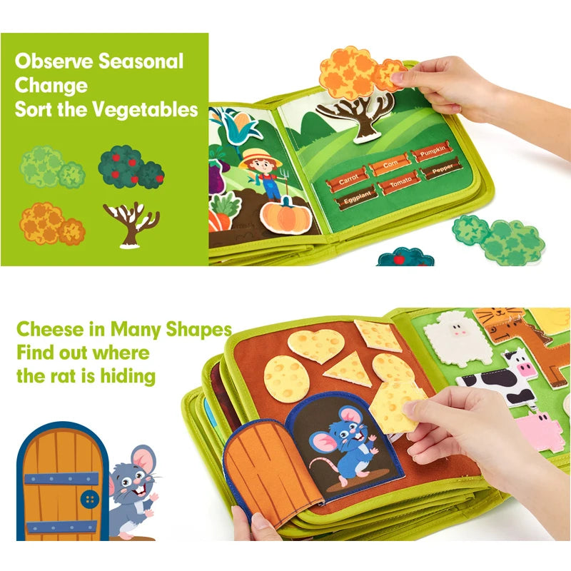 A children's Montessori farm animal busy book showing seasonal vegetables and cheese shapes for toddlers.
